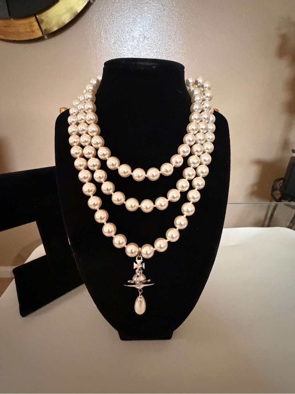 Pearl Multi-Strand Statement Necklace with Pendant - Cream Pearls